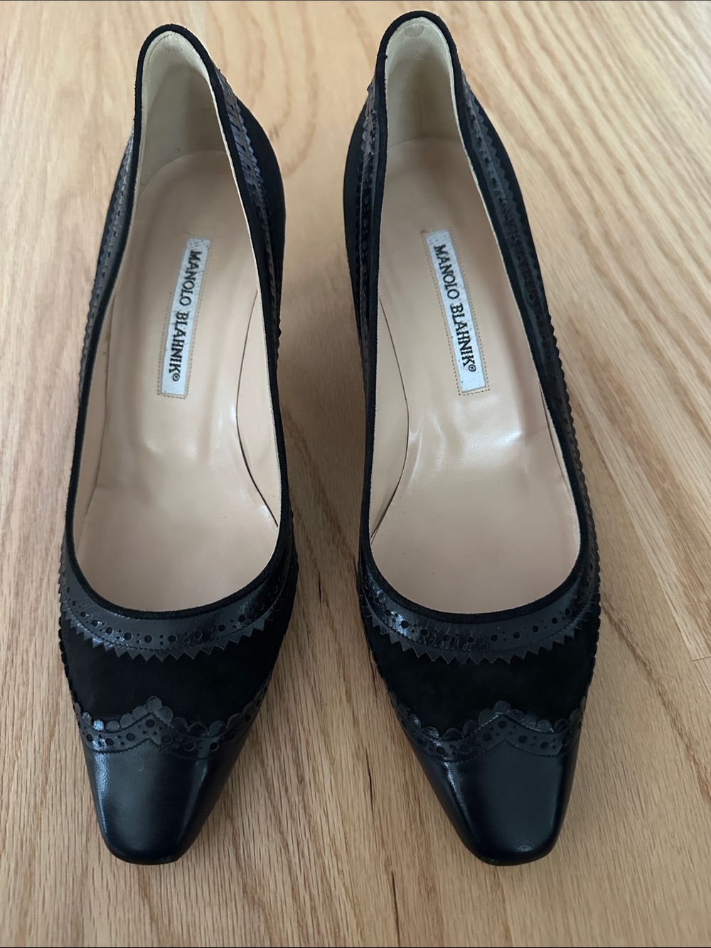 Manolo Blahnik Black Leather and Suede Pointed Toe Pumps with Brogue Trim